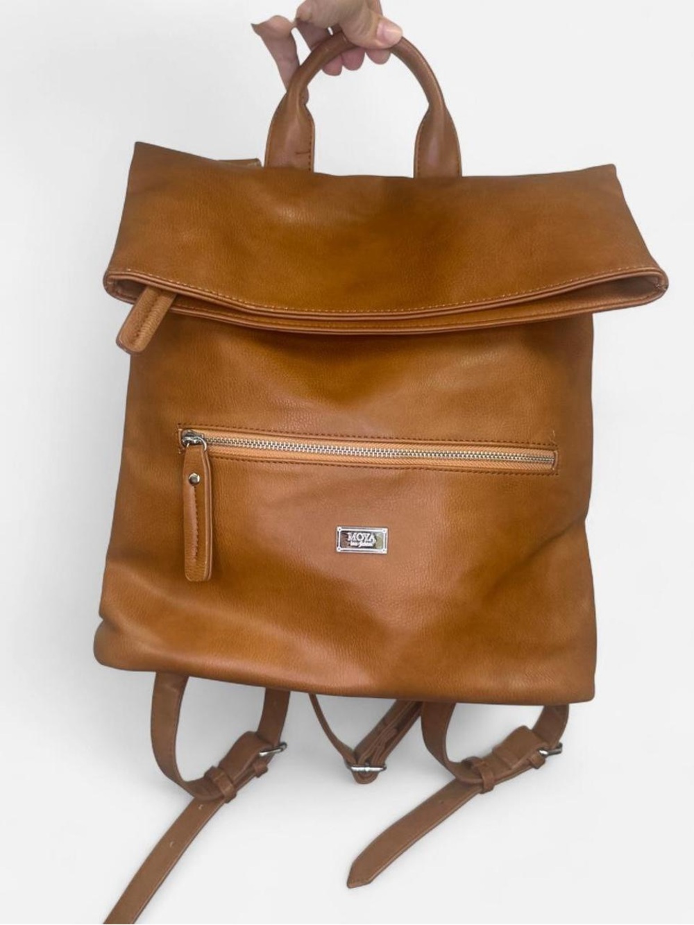 Tan Vegan Leather Fold Over  Backpack
